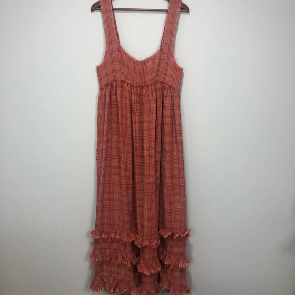 Free People Lily Anne Maxi Dress Plaid Ruffle Hem BackTie Rose Terracotta M - Picture 5 of 15